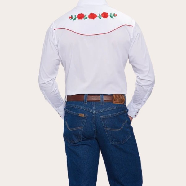 White Cowboy Shirt with Red Roses